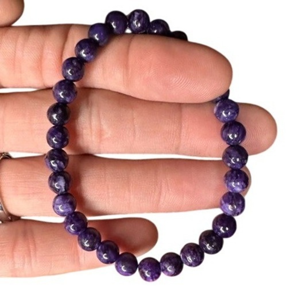 Natural Charoite Purple Gemstone 6mm Round Beaded 7" Stretch Bracelet